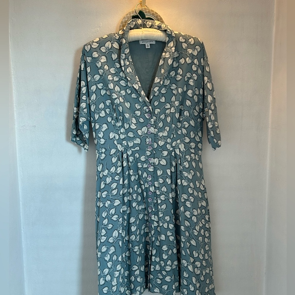 EMILY AND FIN Holly Garden Ivy Leaves Midi V-neck Light Blue Retro Dress XL